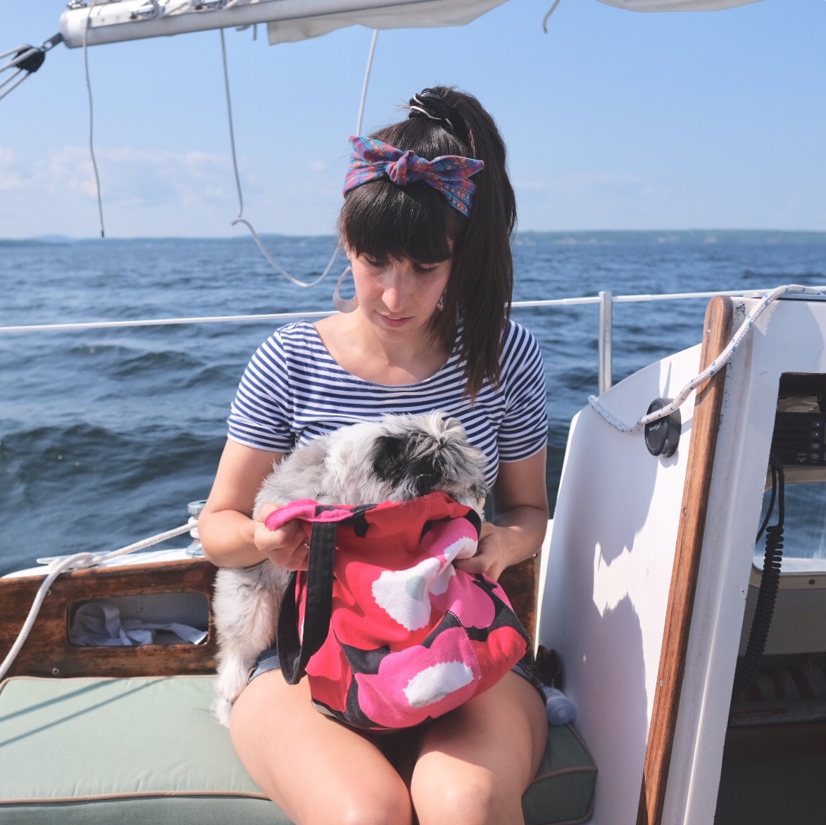 woman on a sailboat wearing headband AussieDoodle puppy rummaging through toy bag.